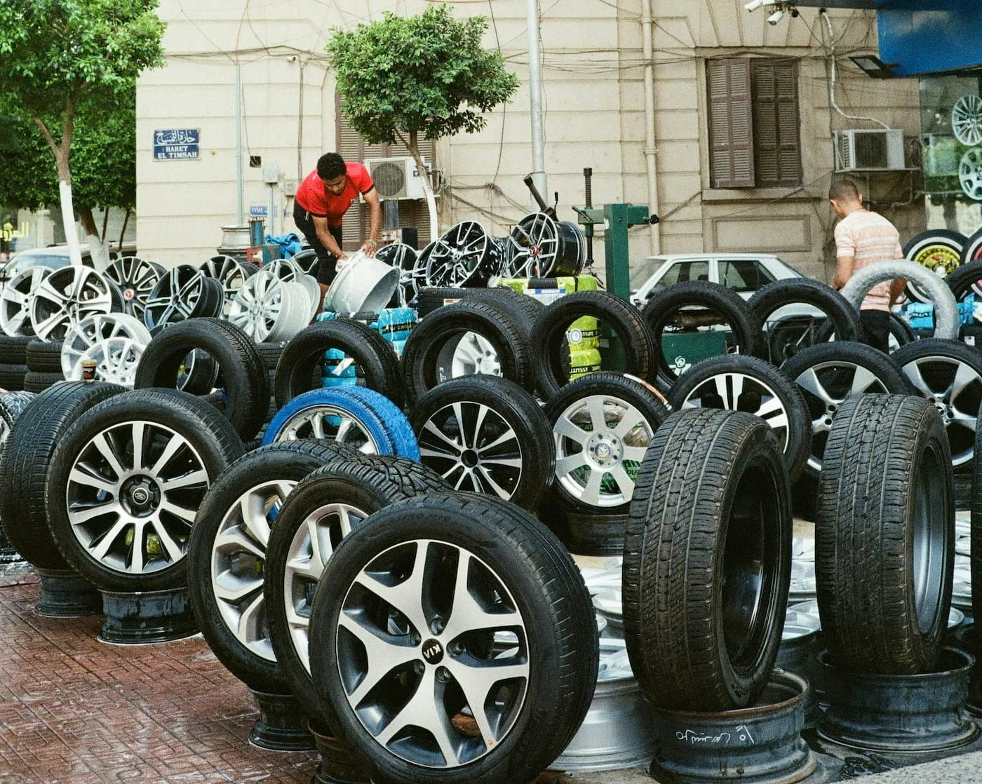 Tyres lined up in the service bay